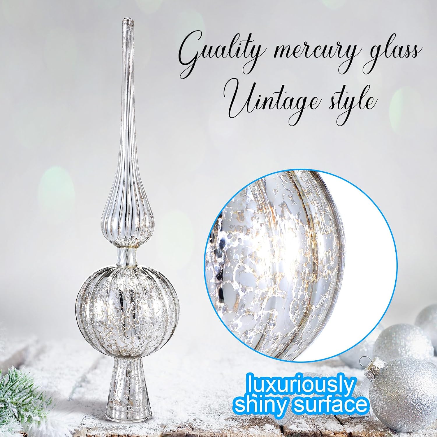 Gejoy Mercury Glass Finial Christmas Tree Topper 12 Inches Vintage Spherical Xmas Tree Topper Mid Century Christmas Ornament for Home Xmas Holiday Party Decorations(Sliver)