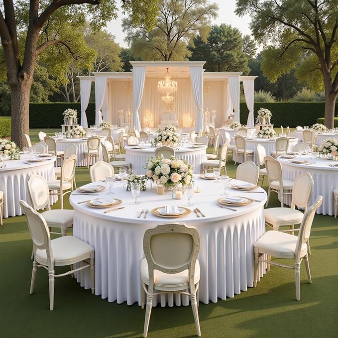 4 pk White Round Spandex Tablecloth for 60in Tables, Wrinkle Free Stretchy 120inch Fitted 5FT Table Cloths Round Table Covers with Skirt for Wedding Party Dining Banquet Events