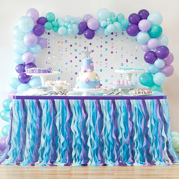 Partisky Mermaid Tulle Tutu Ruffle Curly Willow Table Skirt for Rectangle Table 14ft, Mermaid Themed Party Table Cloth for Girls Birthday Party or Baby Shower