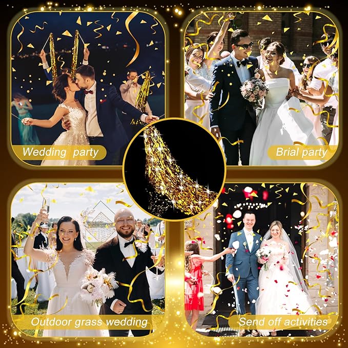 50 Pcs Wedding Fairy Wands with Bells Foil Tinsel Ribbon Stick Wands Tinsel Party Streamers with Bell Glittery Bridal Wedding Send Off Ideas Holiday Celebration (Gold)