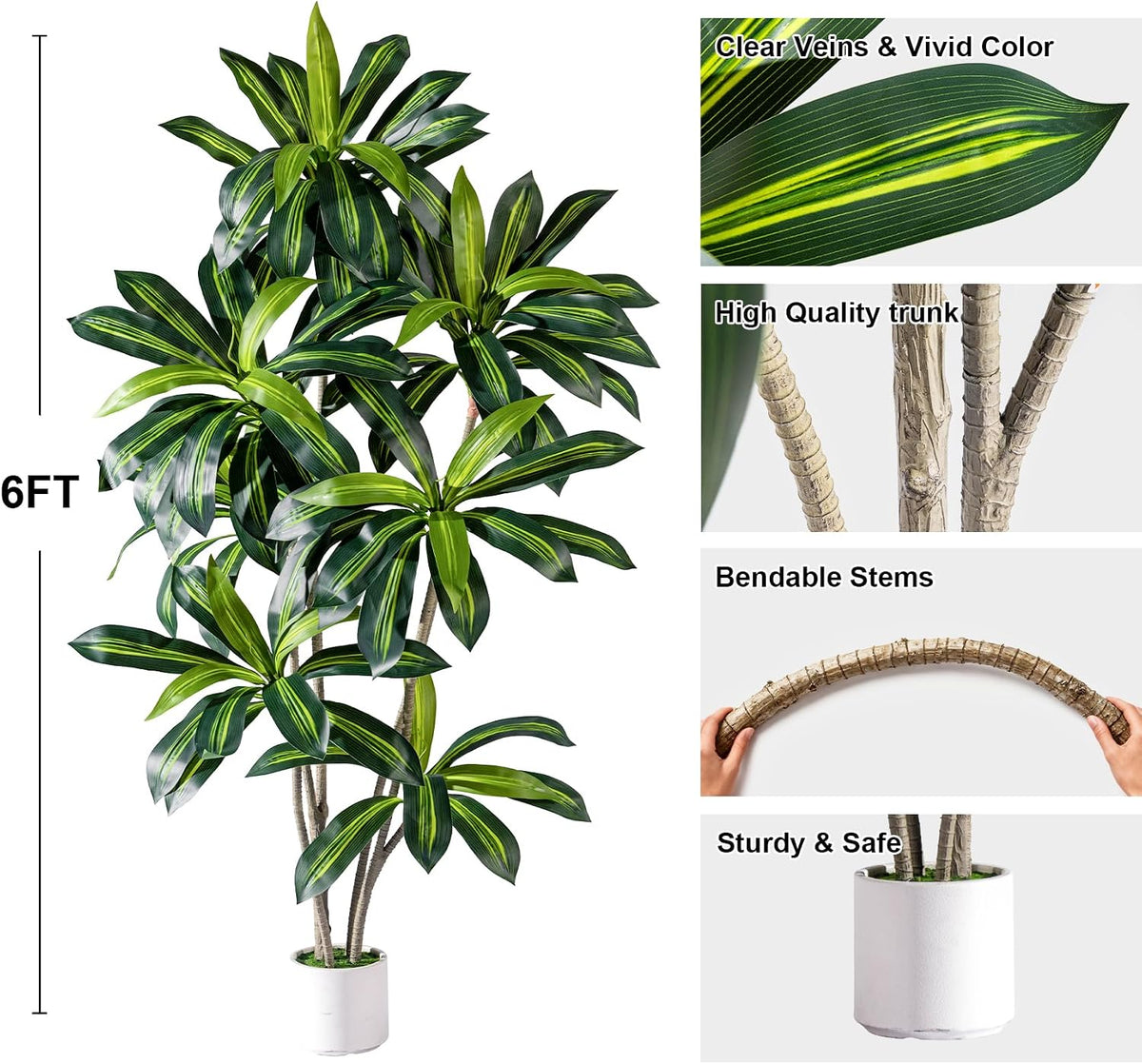 Erimda 6FT Artificial Dracaena Plant Dracaena Fragrans Artificial Tree, Reali...