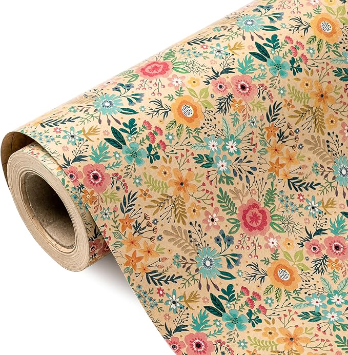 WRAPAHOLIC 30 Inch Jumbo Kraft Floral Wrapping Paper Roll - 30 Inch x 100 Feet Jumbo Roll - Spring Summer Garden Flower Design Perfect for Wedding, Bridal Shower, Birthday