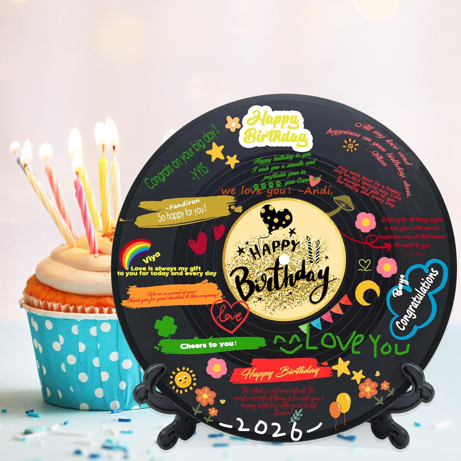 pwvsayjcj Vinyl Record Birthday Decorations, Happy Birthday Party Favor Sign Poster, Large Guest Book 11.6" x 11.6"