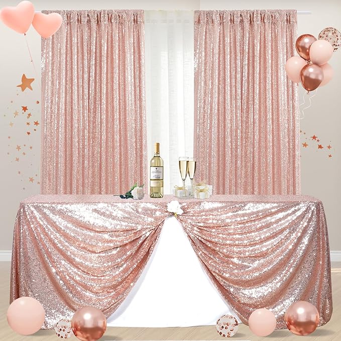 Poise3EHome Rose Gold Sequin Backdrop Curtains,4 Panels 2FTx8FT Glitter Background for Party Birthday Party Baby Shower Wedding Christmas Thanksgiving Halloween Holiday Festival Decor