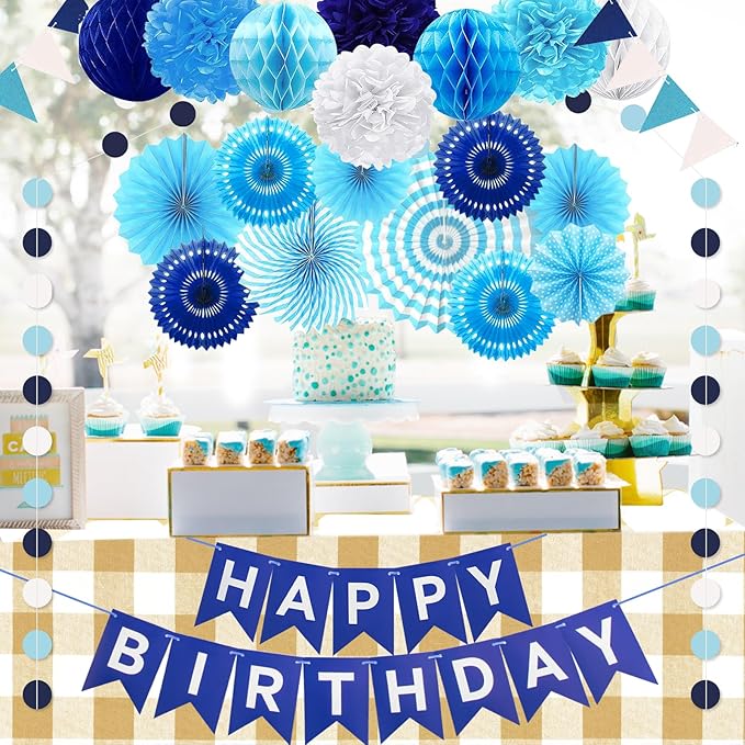 Navy Blue Birthday Party Decoration, 24Pcs Hanging Paper Fans, Pom Poms Flowers, Garland String Polka Dot, Happy birthday Banner and Triangle Bunting Flag Packs for Birthday Parties,and Baby Shower