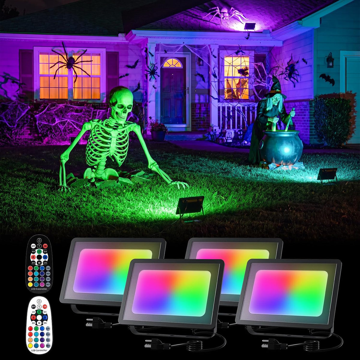 FALOVE 4 Pack Outdoor RGBW Flood Lights by Dual Remote for Halloween Decor