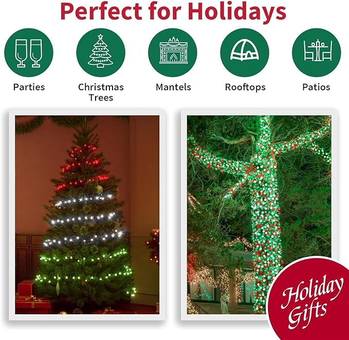 LAMPHOME 66ft Christmas Decorative Mini Lights, 200 LED Transparent Wire Fairy Starry String Lights Plug in, 16 Lighting Modes for Outdoor Xmas Tree Wedding Party Decoration (Red Green White)