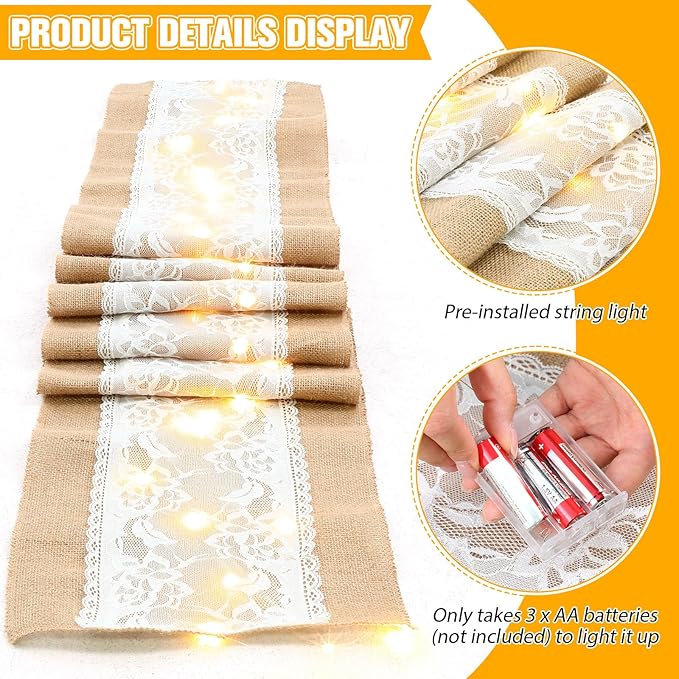 Xinnun 6 Pack Burlap Table Runner with LED String Lights, Modern Rustic Lace Natural Vintage Boho Jute Wedding Table Decor for Farmhouse Thanksgiving Christmas(Wedding Lace LED,12x108 Inches)