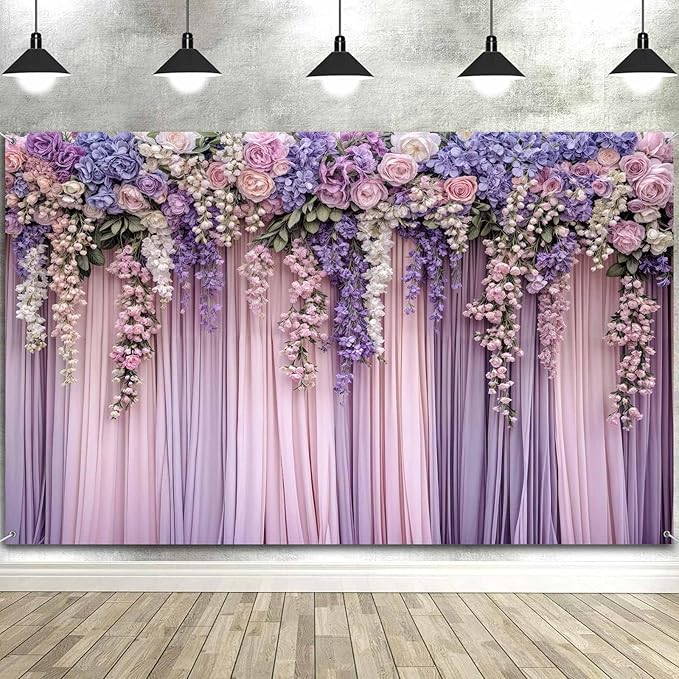 9x6ft Purple Flower Wedding Photography Backdrop Lavender Floral Wedding Bridal Photography Backdrop Anniversary Birthday Baby Shower Girl Party Banner Photo Booth Props Background Wall Decor