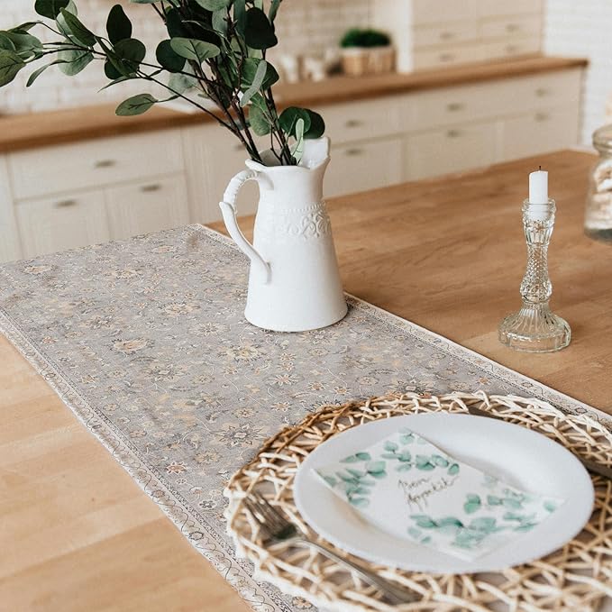 Snycler Table Runner Boho Table Runners Vintage Elegant Farmhouse Table Center Linen Decor for Home Dining Party Entrance (13x108 Inch) Gray