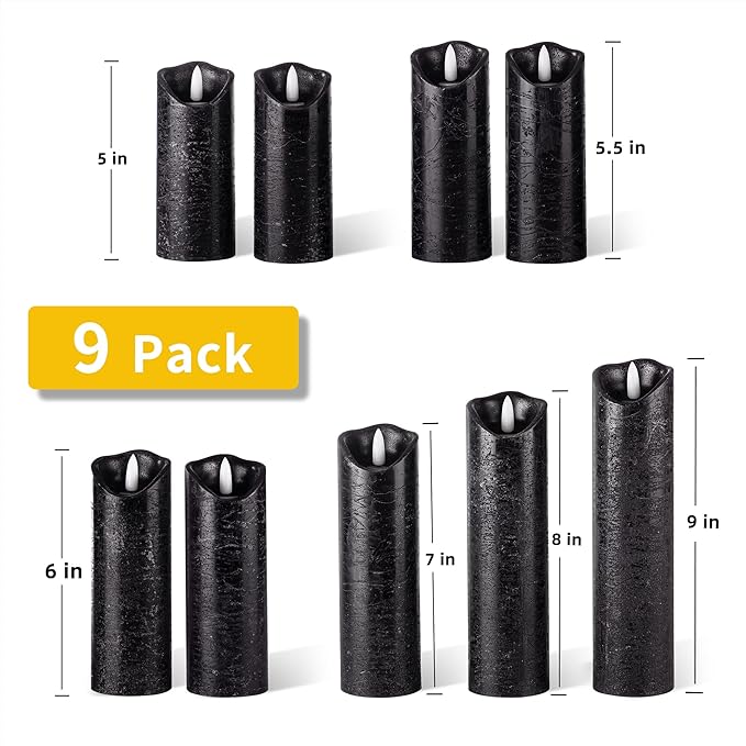 Hausware Set of 9 Flameless Candles Battery Operated LED Real Wax Flickering Electric Candles with Remote Control Timer for Wedding Birthday Halloween Christmas Decorations (Black Color)