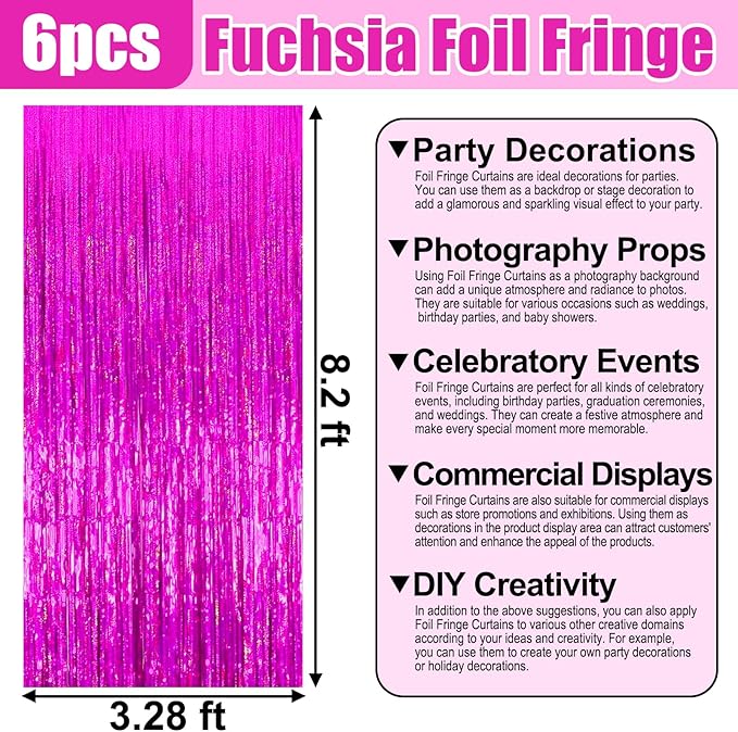 6 Pack Rose Red Foil Fringe Curtain Backdrop, 3.28Ft x 8.2Ft Metallic Tinsel Foil Fringe Streamer Curtains for Photo Booth, Birthday, Wedding, New Year Party Decorations