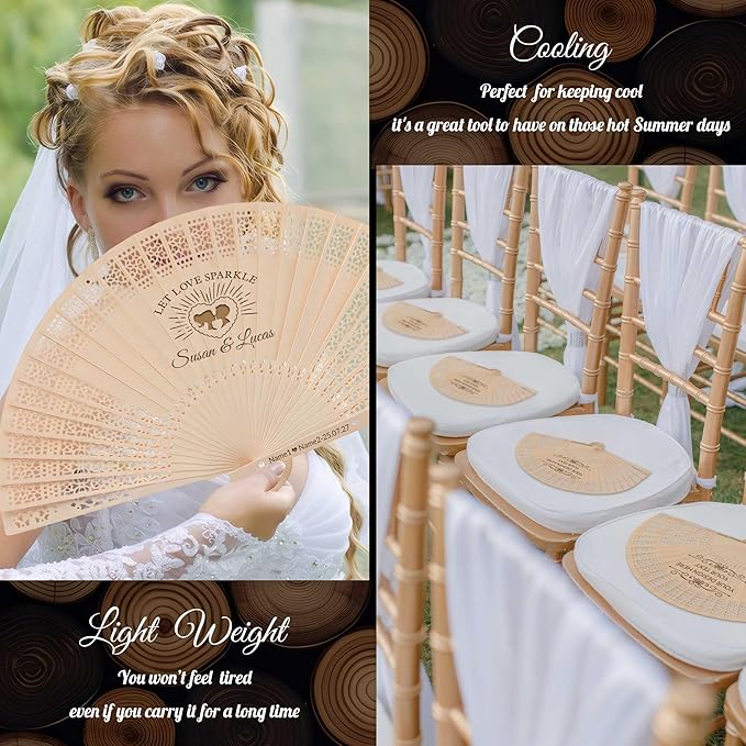 100 PCS Custom Fans Personalized Folding Fans for Line Dancing Wooden Hand Fan Wedding Favors Bulk Fans for Guests Party Event Use (Style13)