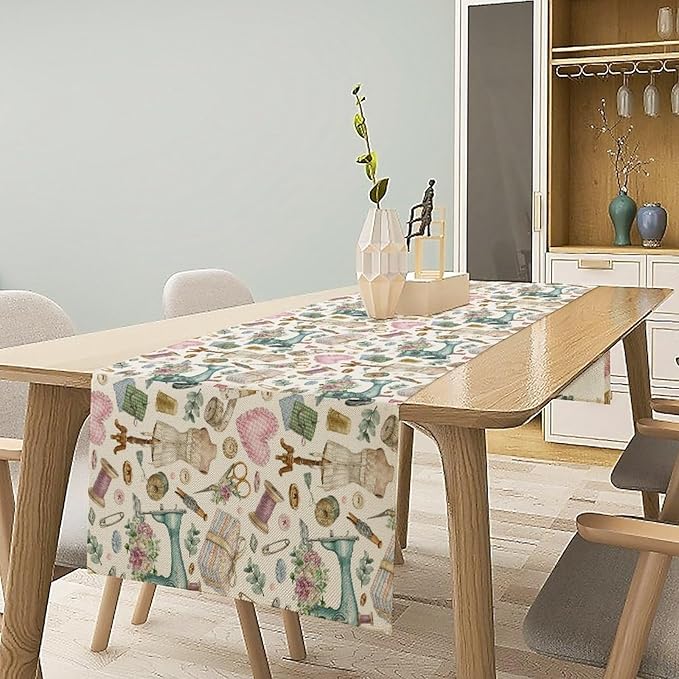 Sewing Theme Table Runner,Vintage Sewing Machine Tool Watercolor Pattern Print Tablecloth Burlap for Hotel Indoors Outdoor Dining Room Kitchen Home Decor,W13X L36 in