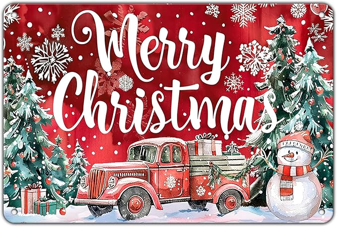 Christmas Truck Metal Tin Sign Merry Christmas Sign Funny Snowman Tin Sign Christmas Tree House Decoration for Indoor Home House Decor Party Supplies 8x12Inch