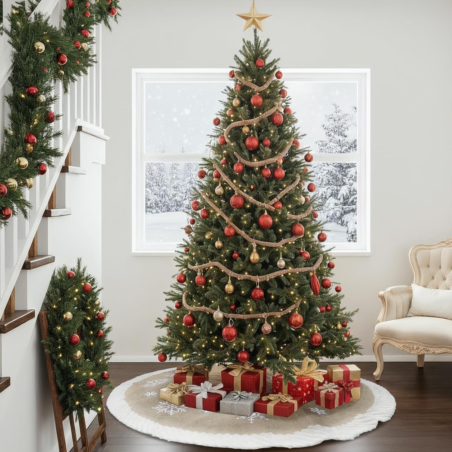 OurWarm Christmas Tree Skirt 60 inches, Burlap Tree Skirt for 7.5 ft Tree to 9 ft Tree, Large Snowflake Tree Skirt with Faux Fur, Xmas Tree Skirts for Winter Indoor Holiday Christmas Tree Decor
