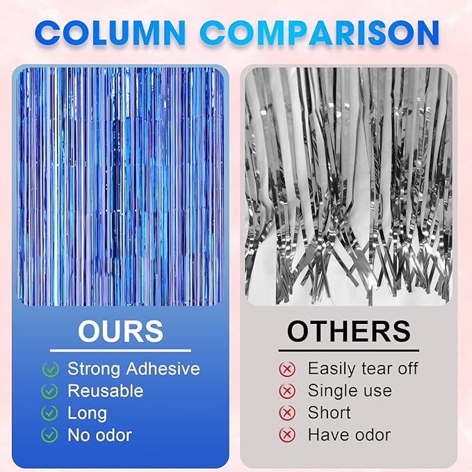 4 Pack Blue Foil Fringe Backdrop Curtains, Tinsel Streamers Birthday Party Decorations, Fringe Backdrop for Graduation, Baby Shower, Gender Reveal, Disco Party