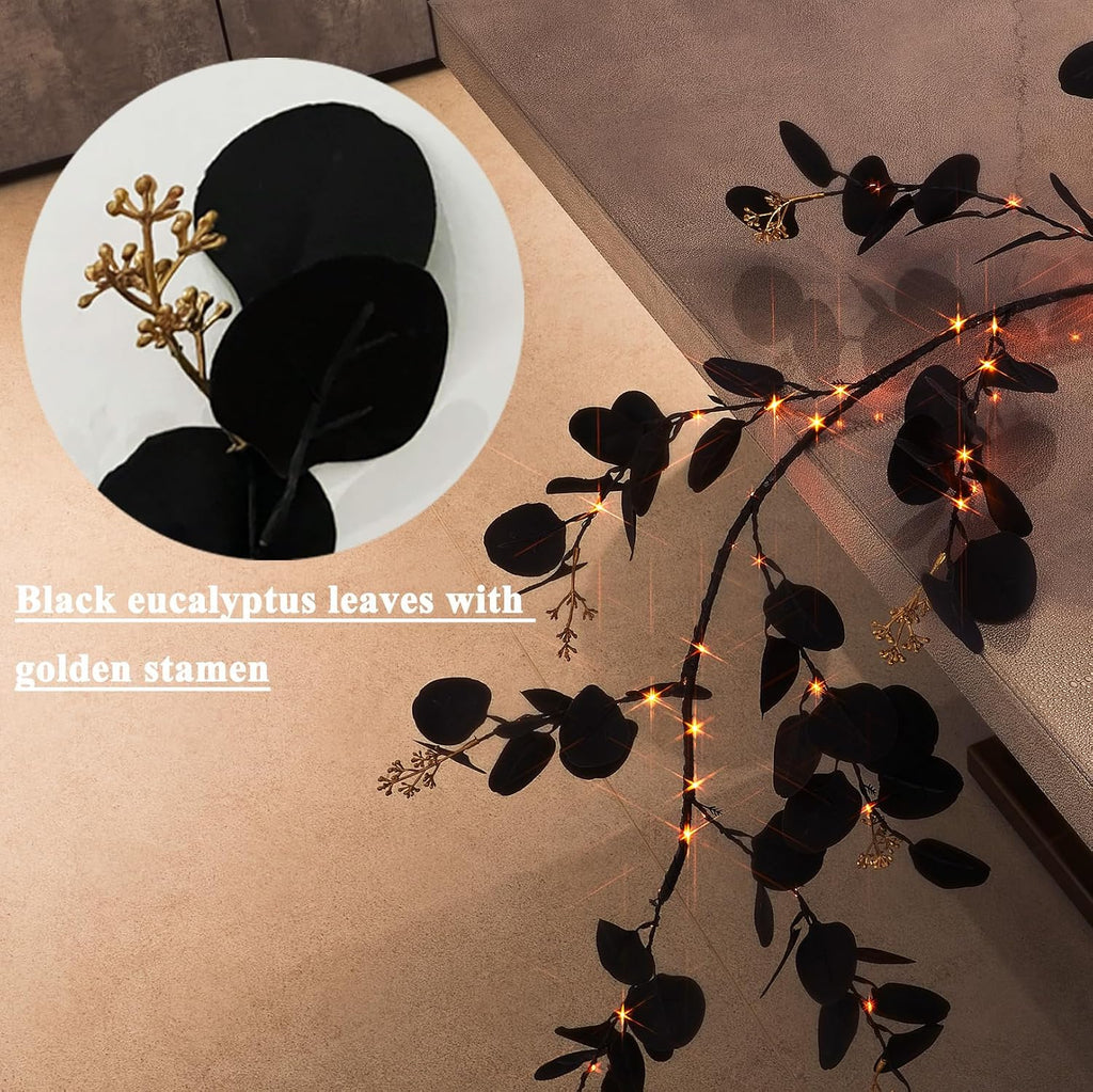 baolitvine lighted halloween black eucalyptus garland, side view