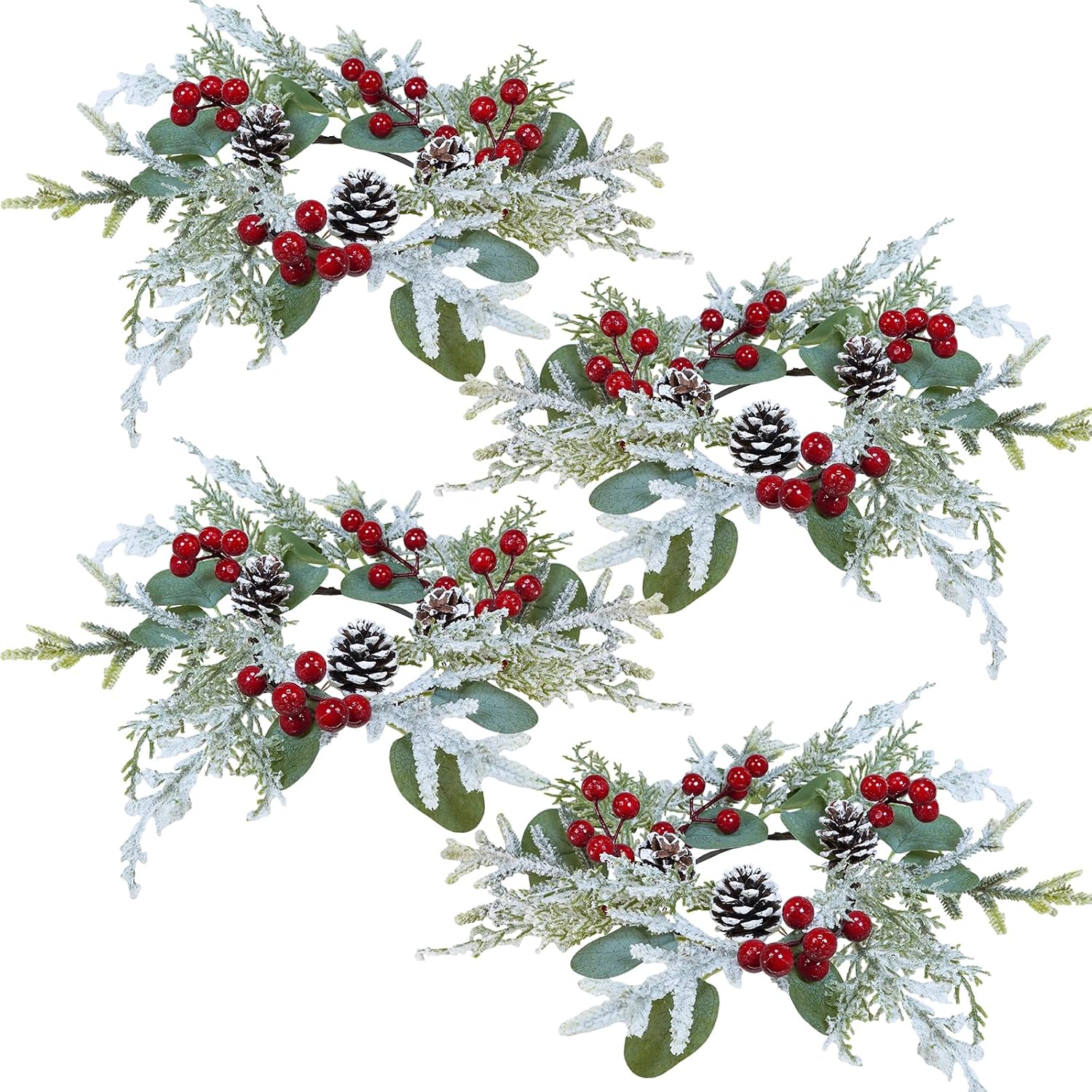 Winlyn 4 Pcs Artificial Eucalyptus and Snowy Cedar Candle Rings Christmas Candle Holder Rings Mini Window Wreaths 12.2" Wide with Red Berries Pine Cones for Holiday Winter Wedding Seasonal Decoration