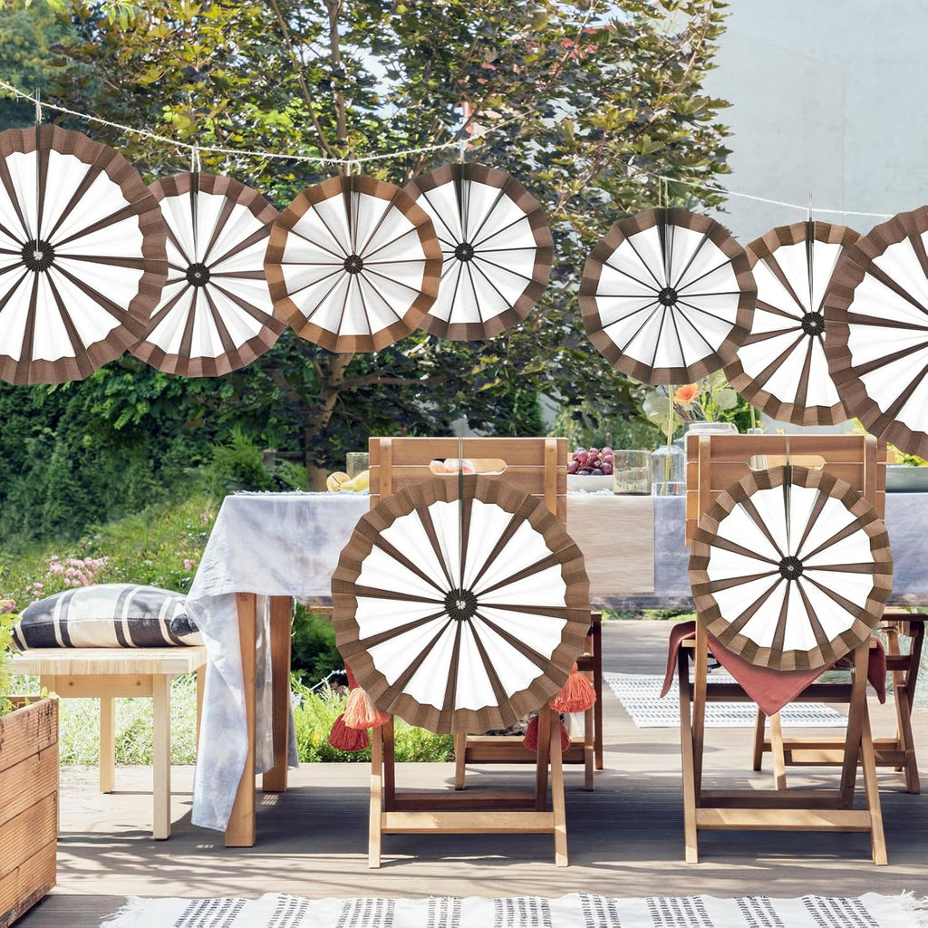 Outus 9 Pcs Western Cowboy Party Decorations Paper Fans Wagon Wheels Straw Hay Bales Hanging Ceiling Wall Decor for Country Western Themed Rodeo Farm Birthday Party Supplies (Wagon Wheels)