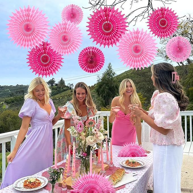 SUNBEAUTY Hanging Honeycomb Paper Fans Hot Pink Party Decorations Fuchsia Pink Birthday Paper Decoration for Wedding Graduation Events Accessories - 12Pcs