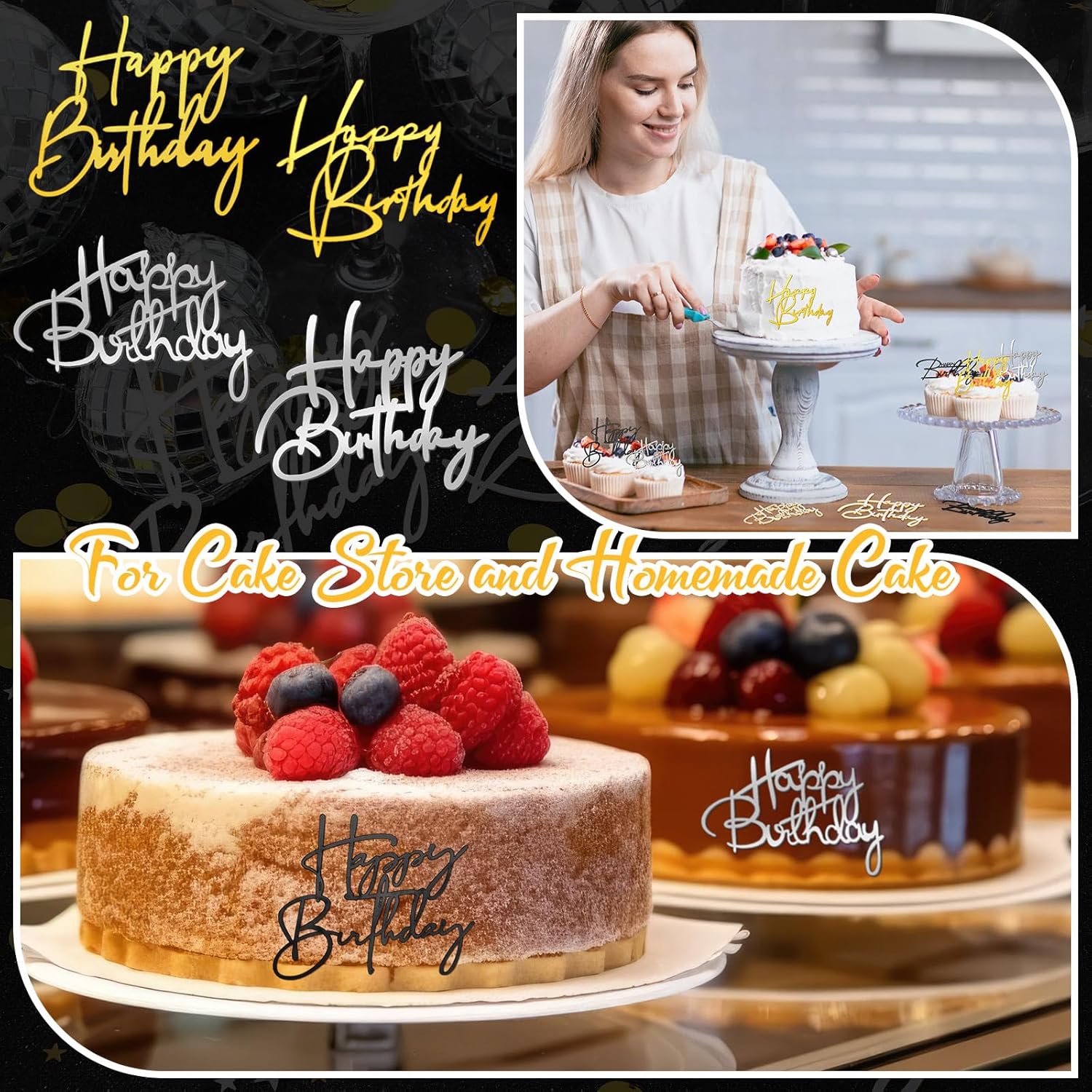 Barydat 24 Pieces Happy Birthday Cake Toppers Mirror Acrylic Cupcake Topper Happy Birthday Sign for Cake Side Cupcake Decorations, 3 Colors, 6 Styles