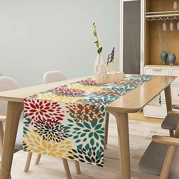 Green Red Dahlia Flower Table Runner Chrysanthemum Geometric Kitchen Dining Bedroom Living Room Table Decor for Indoor Outdoor Home Party, 13x60 Inch