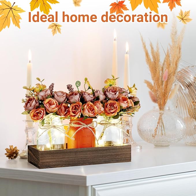 VAIPI Fall Decor Mason Jar Centerpiece Table Decorations with 3 Jar Flowers String Lights and Wooden Tray Fall Decorations for Home Dining Room Farmhouse Autumn Wedding Kitchen Living Room Bathroom