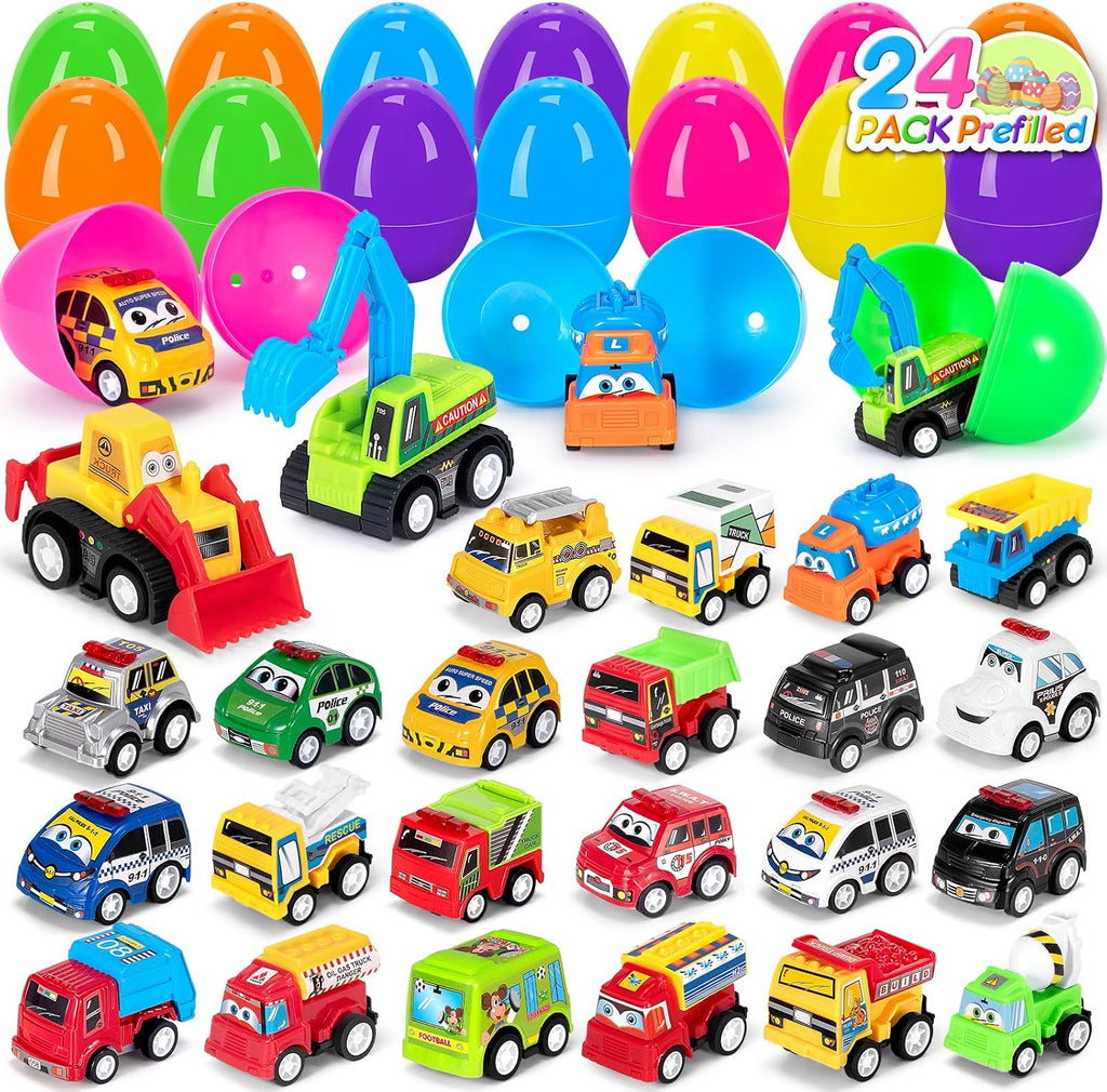 SUGFUT 24 PCS Prefilled Easter Eggs with Toys Pull Back Cars Easter Basket Stuffers for Toddler Gifts for Kids - Easter Party Favors