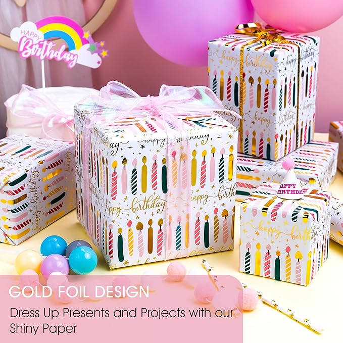 Yarcony Birthday Candle Wrapping Paper Roll - 17Inch X 33Feet - Elegant Rainbow Gold Foil Candles Gift Wrap Paper for Girl's Birthday, Christmas, Holiday, Party and Sophisticated Celebration