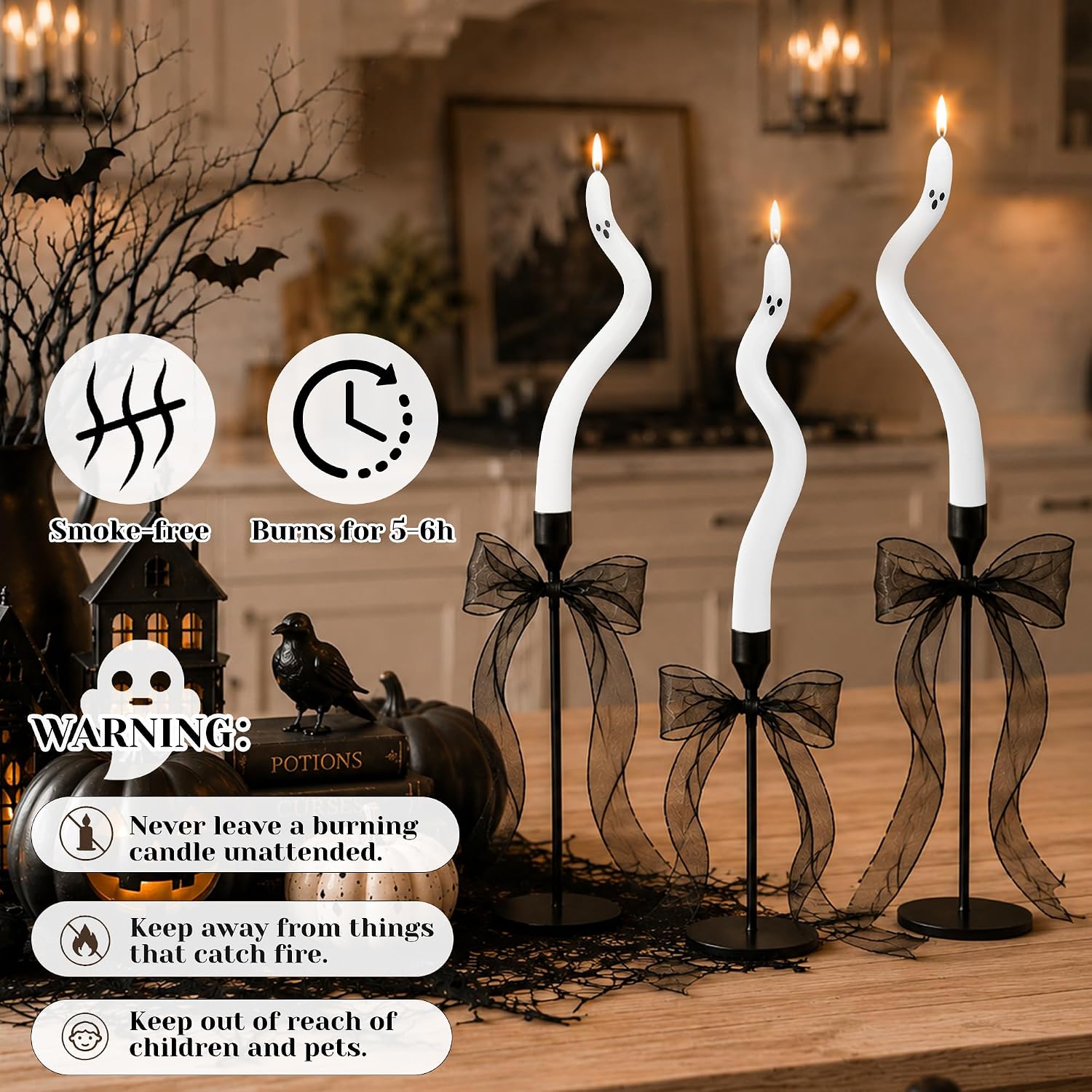 AYGXU Halloween Decorations indoor-3Pcs Twisting Ghost Candles Decor with Candle Holders,Ribbons,Vintage Candlestick Holders Decoration,Halloween centerpieces for Party Table Fireplace Decorations