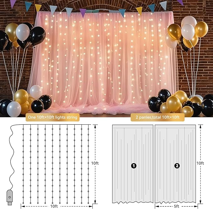 10×8ft Tulle Backdrop Curtains with Lights String - 300LED Fairy Lights Sheer Curtain Backdrop for Weddings Baby Shower and Birthday Party Decorations(2 Panels 5×8ft)