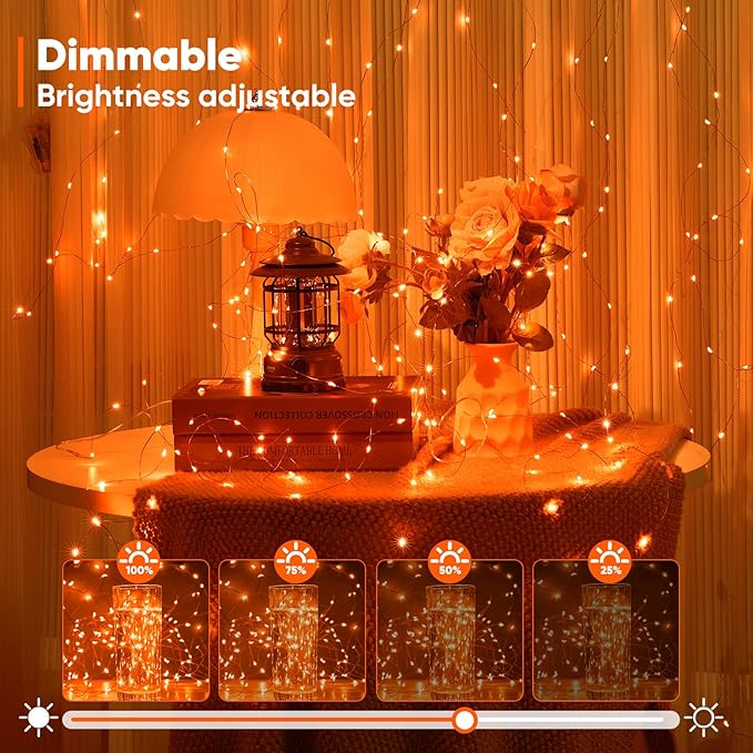2 Pack 32.8 Ft. Battery Operated Outdoor String Lights with Remote & Timer, LED Orange Fairy Lights, Waterproof Twinkle Lights for Bedroom, Dorm, Mason Jar, Wedding, Party, Christmas