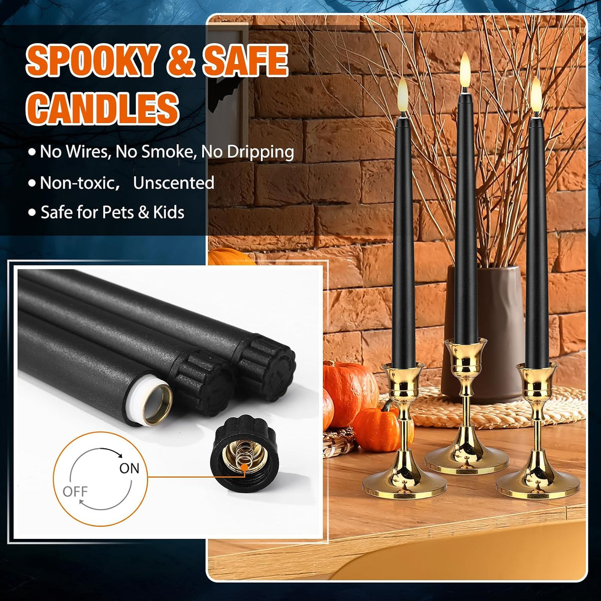 Baquler 50 Pcs 8.5 Inch Black Flameless Taper Candles Battery Operated