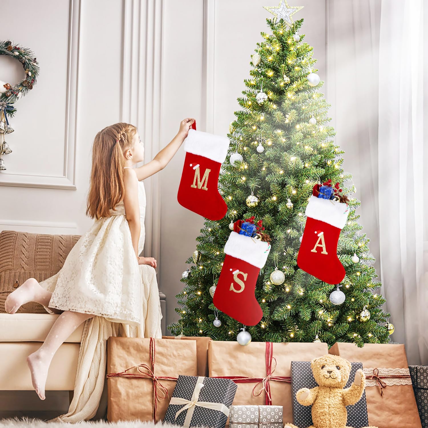 20 Inches Monogram Christmas Stockings with Letters, Large Super Soft Christmas Stockings Red Velvet with White Super Soft Plush Cuff for Christmas Xmas Tree Holiday Fireplace (S)