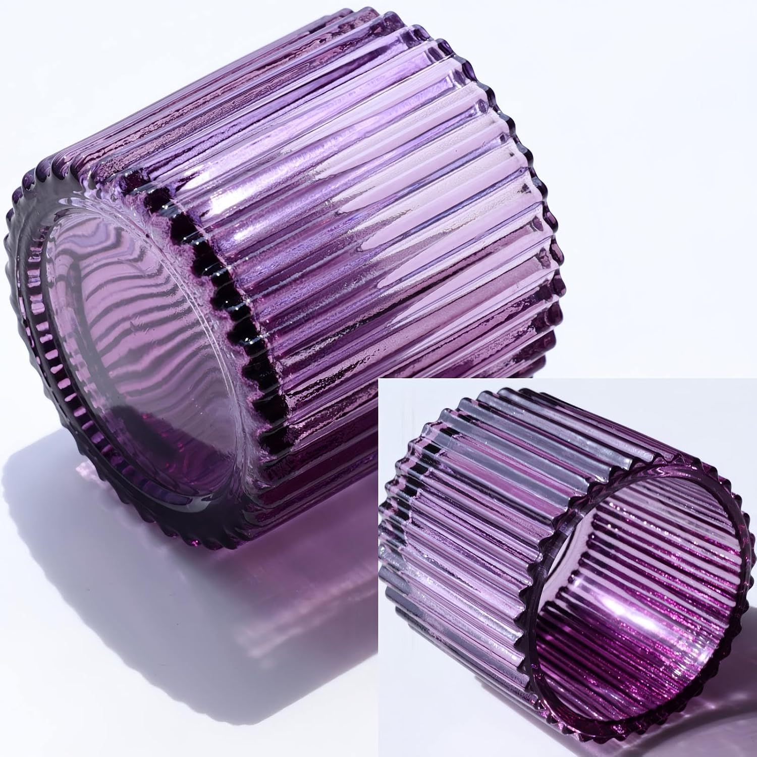 VOHO Large Votive Candle Holders for Table Centerpiece, 6pcs Purple Glass Ribbed Candle Holder for Halloween Decorations, Vintage Tealight Candle Holder for Baby Shower/Easter/Diwali(2.75"W x 2.56"H)