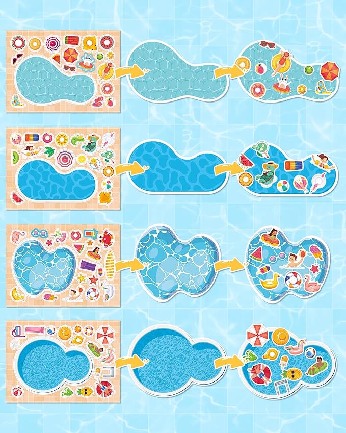 Aowplc 32 Sheets Make‑a‑Pool Stickers for Kids – Mix & Match Craft Kit – Summer Party Favors & Activities