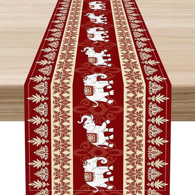Boho Elephant Table Runner, Vintage Tribal Traditional African Animals Ethnic Folk Red Table Center Decor for Home Kitchen Dining Patio Holiday Party Indoor Outdoor Table Decorations, 13"x108" Inch