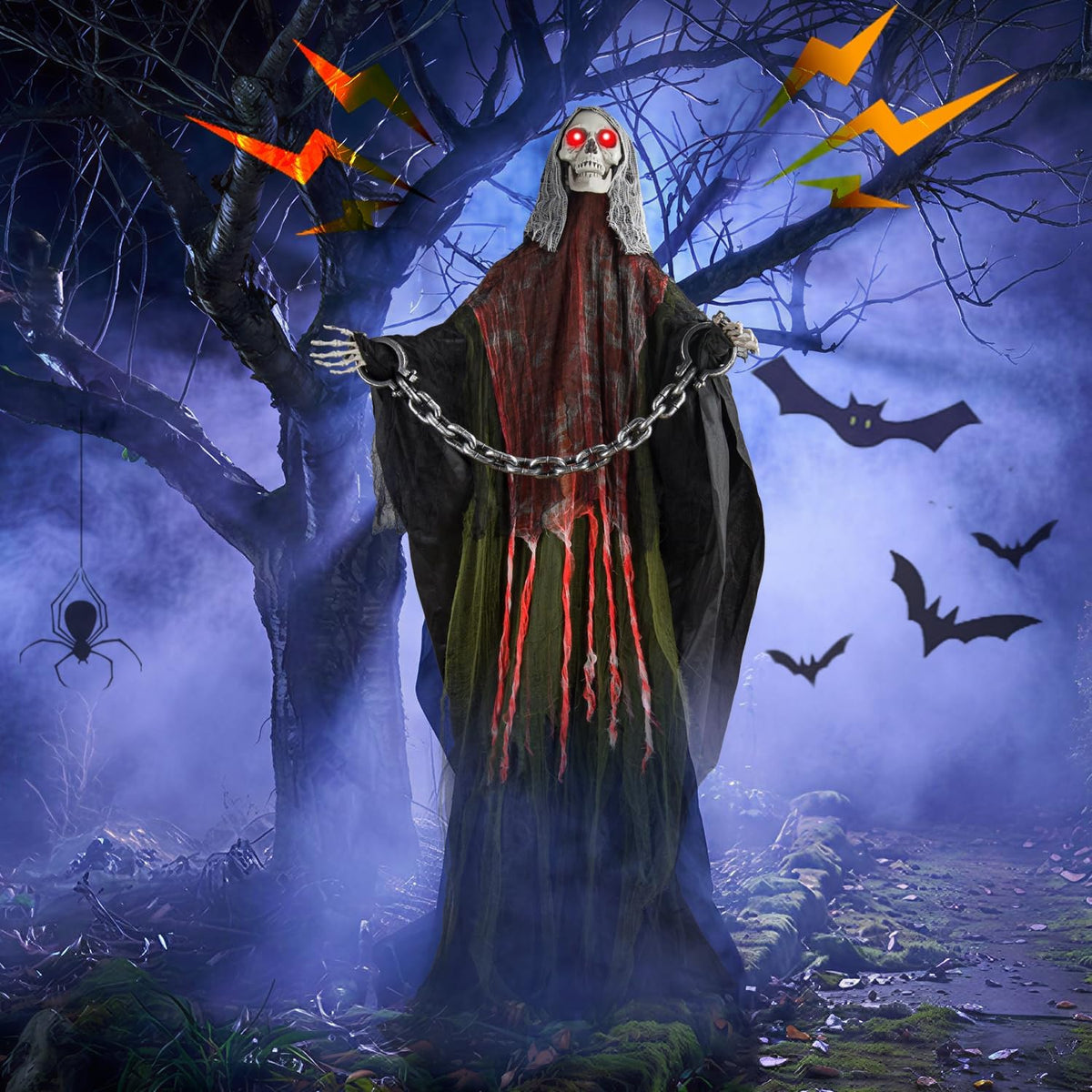 Halloween Skeleton With LED Red Glowing Eyes, Sound & Touch Activated Mot...