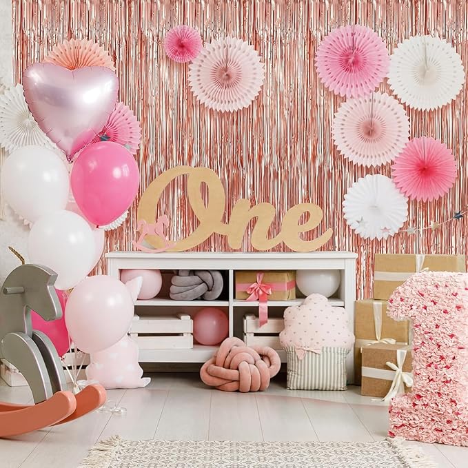 Crosize 8 Pack 3.3 x 9.9 ft Rose Gold Foil Fringe Curtains Party Decorations, Rose Gold Tinsel Curtain Backdrop for Parties, Door Streamers, Glitter Streamer Backdrop for Birthday Decoration