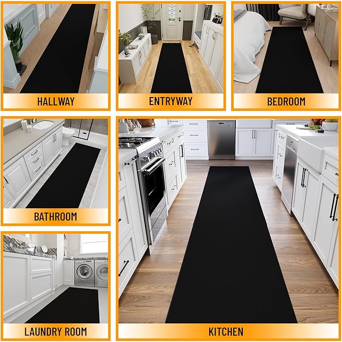 Ottomanson 3x20 Non Slip Extra Long Hallway Runner Rug with Rubber Backing - Solid Modern Kitchen Rug for Bedroom or Living Room, Black, 2'7" x 20'