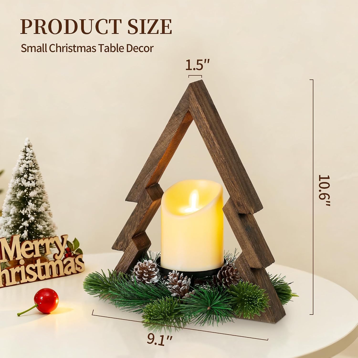 Hanobe Farmhouse Christmas Table Decorations: Rustic Wood Christmas Centerpiece Tree with Pine Ring & Remote Timer LED Candle for Home Shelf Mantel Office Decor