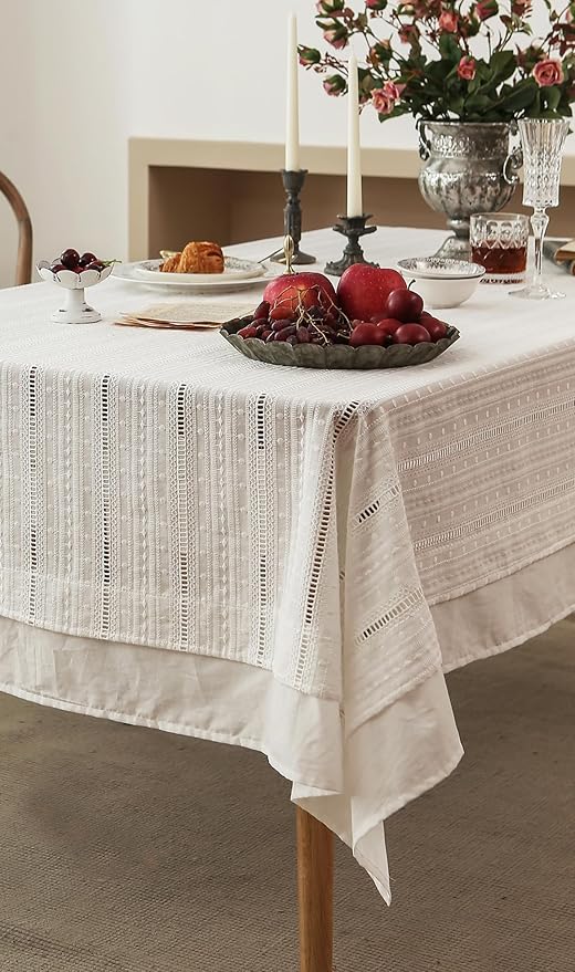 patdrea Designer Vintage Cotton White Lace Tablecloth for Rectangle Tables,French Country Cottage Embroidered Table Cloth Art Decor for Kitchen Wedding Patries Banquet Christmas,59"*91"