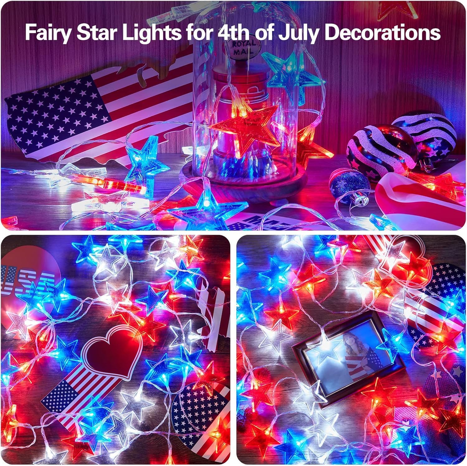 Dirnun 4th of July Decorations Red White and Blue Lights with 40 Led Big Stars, 4th of July Lights for Indoor Outdoor Home Garden Golf Cart Patriotic Theme Memorial Independence Day Decorations