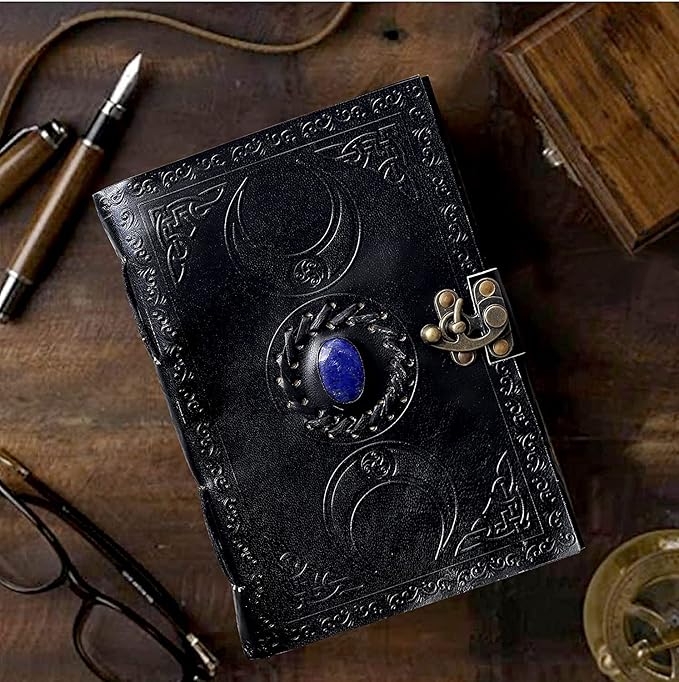 cuero 3 Moon Blue Lapiz Embossed Vintage Leather Journal for Men & Women - 176 Pages, Antique Handmade Deckle Edge Vintage Paper, Leather Journal Writing Notebook Dairy Gift(10 inch by 13 inch, Black)