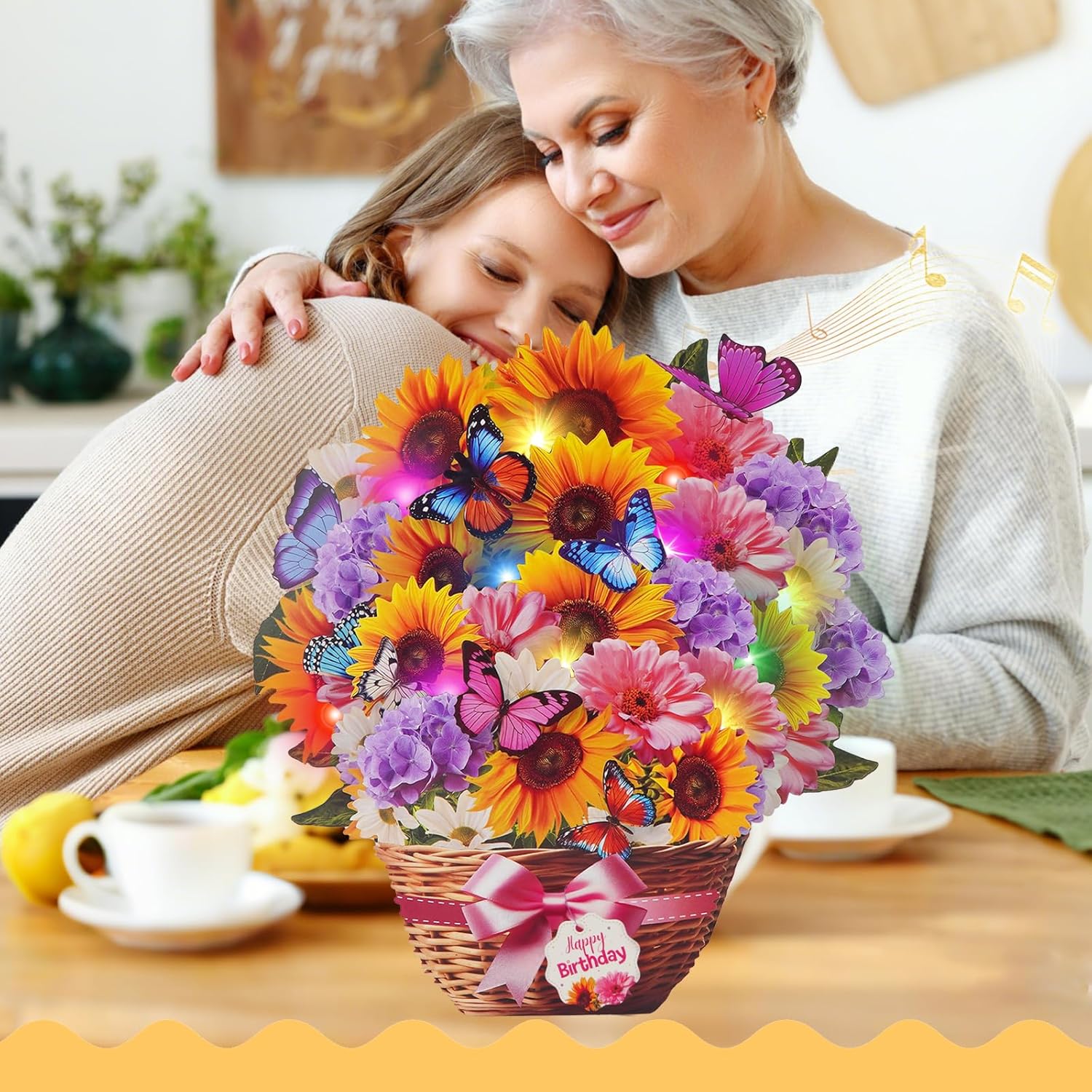MZD8391 Birthday Cards with MUSIC & LIGHTS, Pop Up Happy Birthday Card, Sunflower & Butterfly, 10 Inch Life Sized Forever Flower Bouquet Gifts for Women Mom Grandma