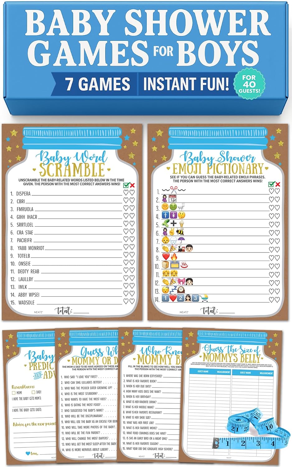 Neatz Baby Shower Games Boy - 7 Games Instant Fun - Baby Prediction Cards, Guess Who Mommy or Daddy, Word Scramble, Advice Cards, Pictionary, How Big is Mommys Belly, Babyshower Game