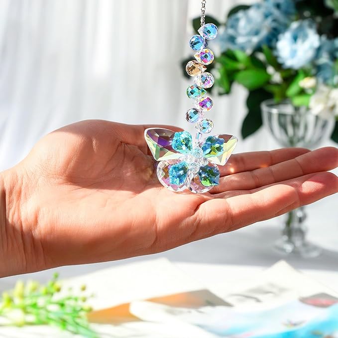 HDCRYSTALGIFTS 4pcs Crystal Butterfly Suncatchers for Window Hanging Ornaments, Rainbow Maker Sun Catchers Indoor Outdoor Patio Garden Decor Gifts