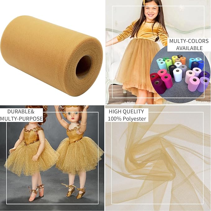 Aztec Gold Tulle Fabric Rolls 6 Inch by 100 Yards (300 feet) Fabric Spool Tulle Ribbon for Christmas Gift Wrapping DIY Tutu Bow Baby Shower Birthday Party Wedding Decorations Craft Supplies