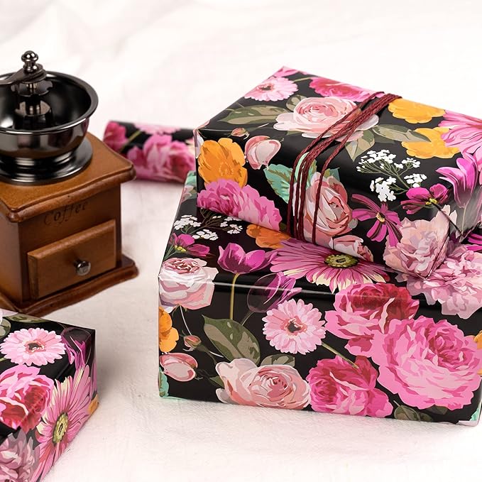 WRAPAHOLIC 30 Inch Jumbo Reversible Floral Wrapping Paper - 30 Inch X 33 Feet - Colorful Floral Design for Birthday, Mother's Day, Wedding, Baby Shower, Bridal Shower